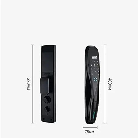 Heavy Duty Smart Door Lock Featuring Biometric Fingerprint Scanner App Control Passcode Entry Built In Theft Alarm And Long Lasting Battery For Dead Simple Home Protection Setup dimensions shown with keypad and scanner.