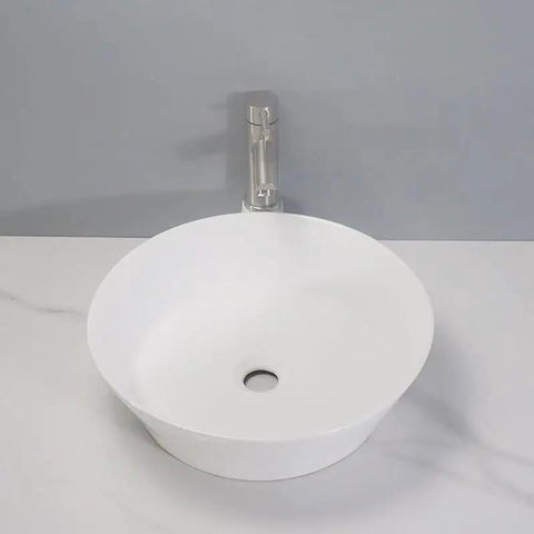 USZWBY Vessel Sinks Bathroom Vessel Sink European Style Light Luxury Round White Wash Basin Countertop Bathroom Bowl Sink top view with sleek faucet