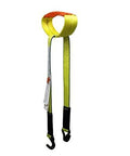 Industrial forklift battery lifting sling with yellow strap, orange top loop, and dual black-hook ends.