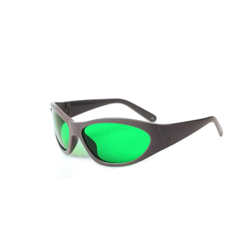 Heavy Duty Laser Protective Glasses For Red Lasers Solid Kick Butt Eye Safety Gear with green lenses at a side angle.