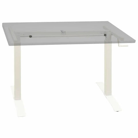Slick Hand Crank Standing Desk Frame With Smooth Height Adjustment Setup, showing white carbon steel base with manual crank.