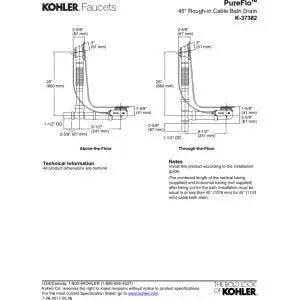 Technical drawing of PureFlo 45" Plumbing Drain K-37382 specifications for installation and dimensions.