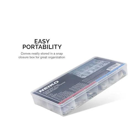NEIKO 50400A stainless steel lock and flat washer assortment in clear plastic case, 350 pieces, 12 sizes, front view
