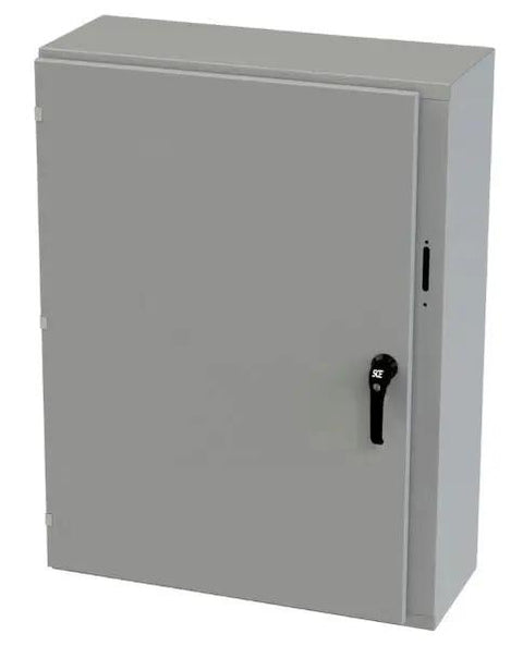 Heavy Duty Enclosed Circuit Breaker Delivers Straight Up Arc Flash Remediation 800 Amp 65K At 480 Volt Nema 3R Ul Certified grey enclosure with handle.