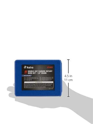 Front view of blue blow-molded case for Astro 2181 8-piece double-cut carbide rotary burr set, 1/4" shank.