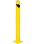Heavy Duty Beefy Steel Safety Barrier Bollard And Industrial Traffic Control Post With Rock Solid Bright Yellow Finish And Concrete Fillable Base Plate For Warehouse Machine Guard At 42 Inches, side view showing base.