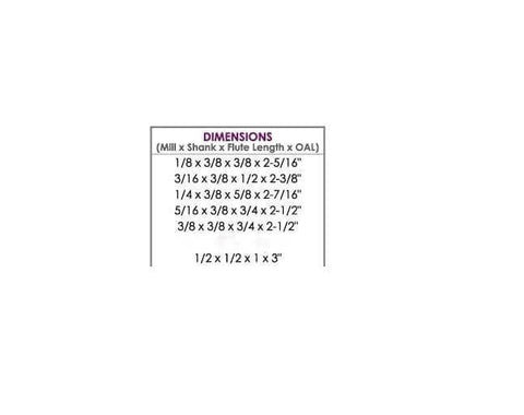 End mill set dimensions chart for 6-pc 2-flute M2 ball-nose set; lists mill, shank, flute length and OAL.