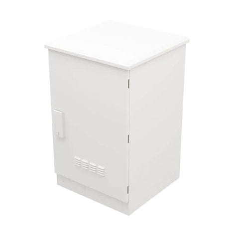 Drop In Ready Outdoor Network Cabinet Floor Mount 18U Server Rack Enclosure With Smart Fan Cooling And Weatherproof IP66 Shell Built Solid From Heavy Duty Steel For Chill Gear Storage And Easy Upgrades - white outdoor cabinet side view.