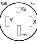 14-50R plug diagram for EV charging, showing connections labeled G, Y, and X for use with Badass Ev Charge Adapter Nema L6-20p To 14-50r.