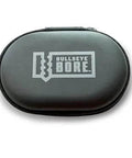Front view of Bullseye Bore case with logo, black zippered carrying bag