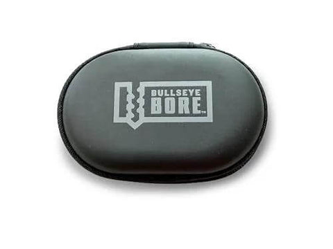 Front view of Bullseye Bore case with logo, black zippered carrying bag