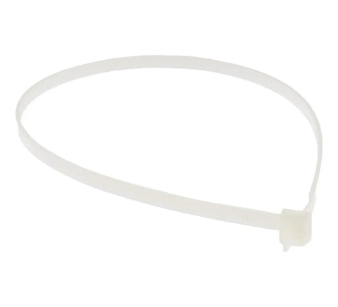 Plastic zip tie in a loop shape on white background.