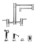 Hunley Bridge Kitchen Faucet With 18 Inch Reach Articulated Spout In Crisp Matte White, Full Four Piece Kit, Elevated Deck Height, Rock Solid Construction, Clean Modern Vibe, Butter Smooth Action, No Fuss Installation, chrome faucet kit with tall spout and lever controls.