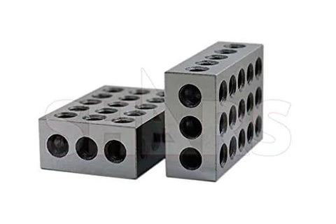 Two SHARS 1-2-3 precision blocks, gray hardened metal with 23 holes