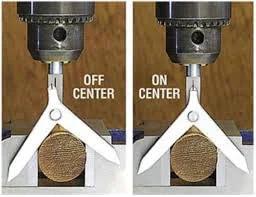 Round bar center finder tool for milling machines with 3/8 in shank; left shows off-center, right shows on-center alignment.