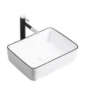 Vanity Vessel Sink Simple Ceramic Wash Basin Square Countertop Art Basin Ceramic Bathroom Sink Basin Washing Bowl Bathroom Vessel Sink with black faucet.