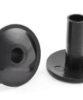 CablesOnline coaxial cable feed-through wall protector bushing, black, round flange with hollow tube; front and side views.