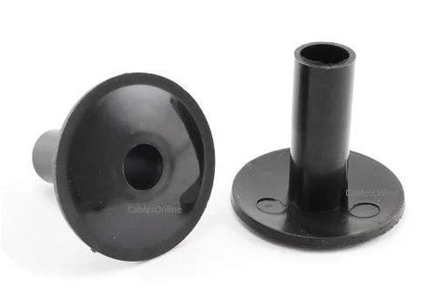 CablesOnline coaxial cable feed-through wall protector bushing, black, round flange with hollow tube; front and side views.