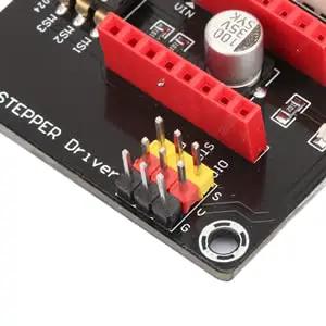 Close-up of Beefed Up 42 Stepper Motor Driver Expansion Board For 3D Printers With On Board DIP Switch And Terminal Power Connector.