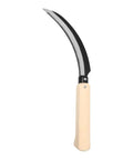 Lavender Harvest Sickle with 6.5 inch curved serrated blade and wet grip beech wood handle notch for secure wet conditions.