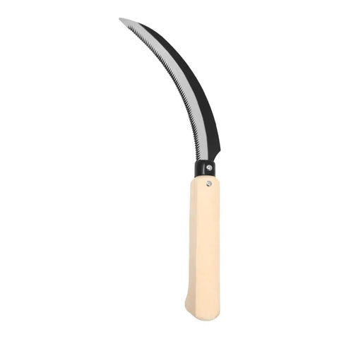Lavender Harvest Sickle with 6.5 inch curved serrated blade and wet grip beech wood handle notch for secure wet conditions.