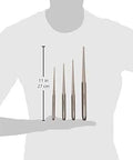 4 Piece Long Taper Punch Set With Softened Striking Ends And Ground Finish For Easy Identification Built For Installing Or Removing Pins In Automotive Machinery And Industrial Work Pro Grade Durable Steel Tools For Pros shown with varying sizes on a person’s hand for scale.