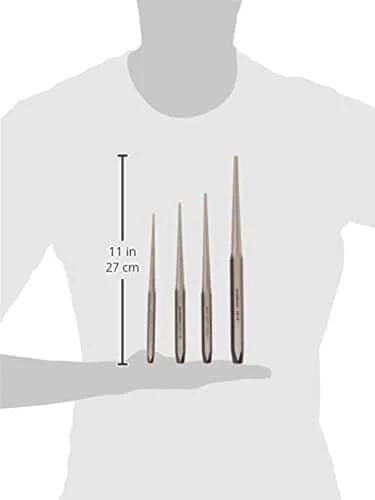 4 Piece Long Taper Punch Set With Softened Striking Ends And Ground Finish For Easy Identification Built For Installing Or Removing Pins In Automotive Machinery And Industrial Work Pro Grade Durable Steel Tools For Pros shown with varying sizes on a person’s hand for scale.
