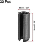 5mm By 14mm Slotted Spring Pins Kit, Smooth Finish Tension Pins, 65Mn Steel, side view of pin showing chamfered ends and measurements.