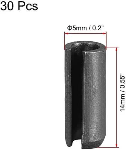 5mm By 14mm Slotted Spring Pins Kit, Smooth Finish Tension Pins, 65Mn Steel, side view of pin showing chamfered ends and measurements.