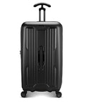 Durable spinner luggage with polycarbonate hardside in matte black featuring 360° wheels and TSA lock for easy travel.