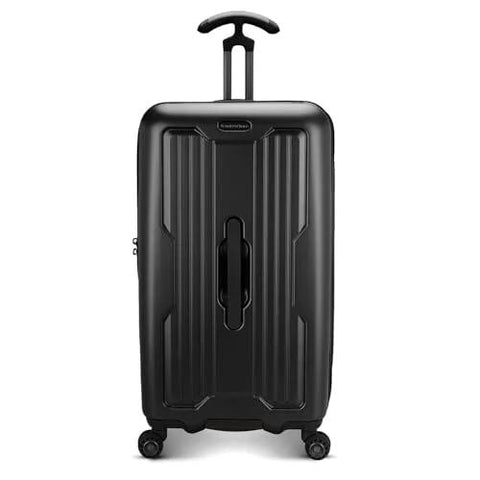 Durable spinner luggage with polycarbonate hardside in matte black featuring 360° wheels and TSA lock for easy travel.