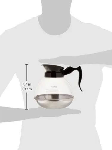 Lightweight Plastic Coffee Decanter With Stainless Steel Base 64 Ounce Capacity shown beside scale for size reference.