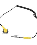 Front view of anti-static wrist strap ESD ground set with yellow strap, coiled cord and clamp