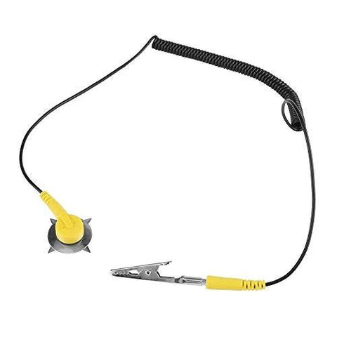 Front view of anti-static wrist strap ESD ground set with yellow strap, coiled cord and clamp