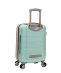 Front view of mint Rockland Melbourne hardside carry-on luggage, 20-inch expandable spinner with four wheels.