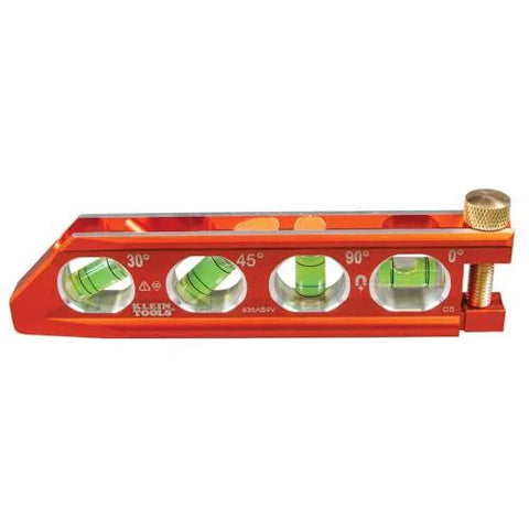 Klein Tools 6-Inch magnetic torpedo and conduit level with 0/30/45/90° vials, orange body, V-groove, magnet track.