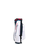 Side view of Chev 14 Way Cart Bag For Golf Lightweight And Sleek 14 Divider Top Navy White Red with side access handles.