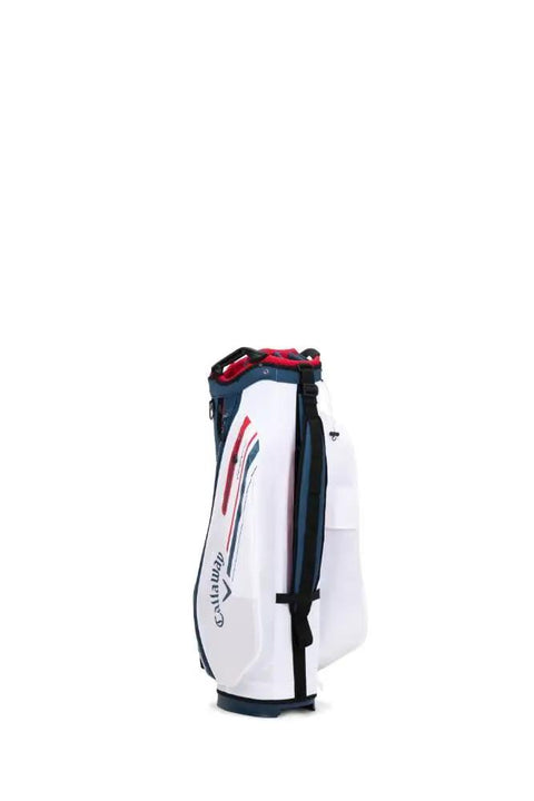 Side view of Chev 14 Way Cart Bag For Golf Lightweight And Sleek 14 Divider Top Navy White Red with side access handles.
