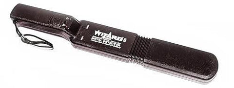 Side view of Lumber Wizard 5 metal detector for woodworking, black handheld plastic device with wrist strap.