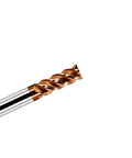 Carbide end mill with TiN coating and copper flutes, side view.