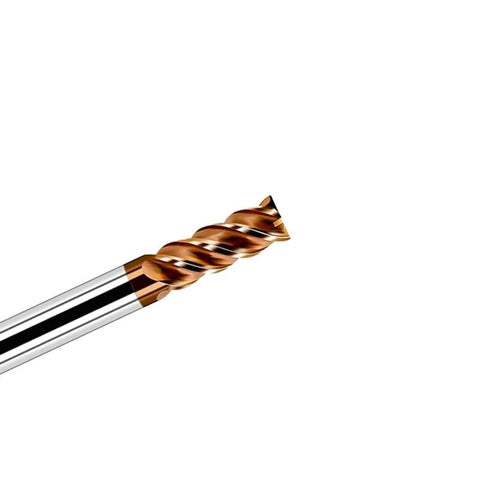 Carbide end mill with TiN coating and copper flutes, side view.