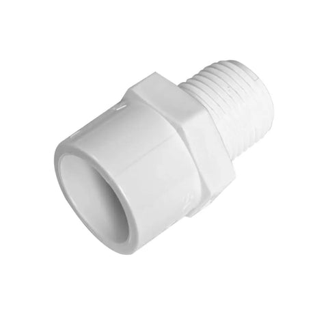 3/4 Inch White 2-Way SCH40 PVC Male Adapter Pipe Fittings with external thread, corrosion resistance, 10 PACK, side view