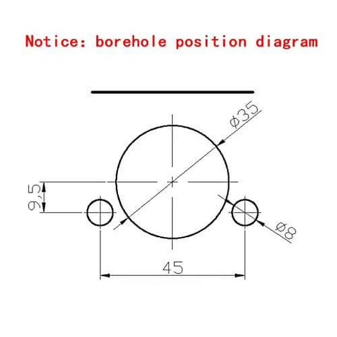 Pneumatic hinge borehole diagram for drilling machine; central Ø35 bore with two Ø8 holes, 45mm spacing.