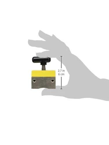 MagSquare magnetic welding clamp in hand, 6 cm length, precise fixturing, on/off switch, 150 lb hold, ideal for welding kits and tools.
