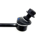Front suspension sway bar end link, black metal with bolt and rubber bushing, side view.