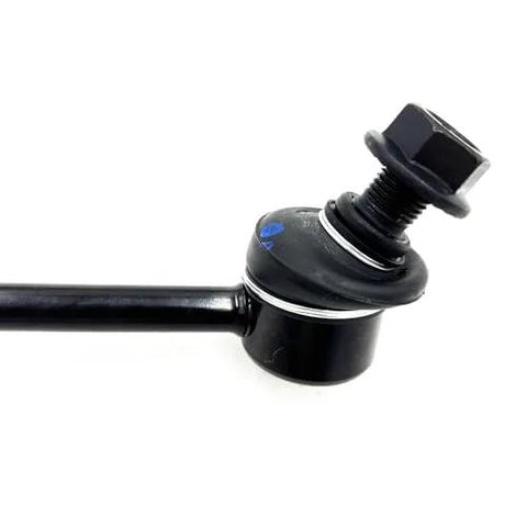 Front suspension sway bar end link, black metal with bolt and rubber bushing, side view.
