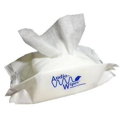 Audio-Wipes towelettes two-pack in white package with Audio-Wipes logo