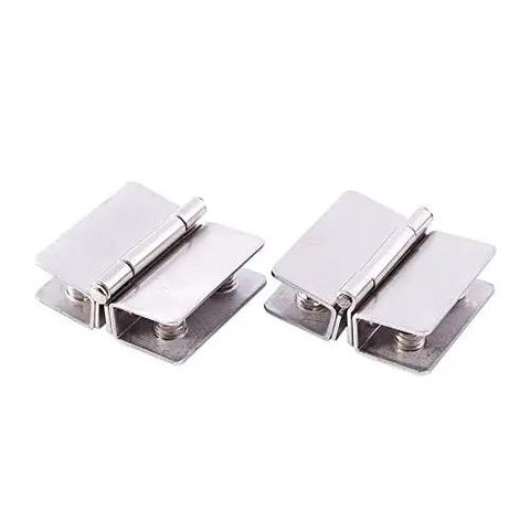Pair Of Heavy Duty Silver Stainless Steel Shower Door Hinges Featuring Adjustable Double Clamp Brackets That Grip Tight And Fit 5 To 8 Millimeter Glass Panels Like A Glove.