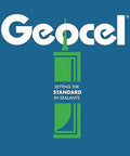 Geocel brand logo with sealant tube illustration, blue background, showcasing quality in sealants and roofing solutions.