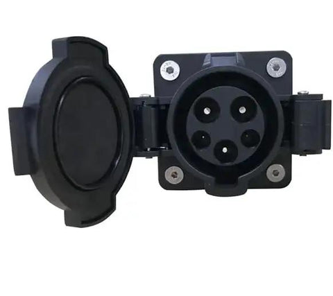 Hella Durable 50A SAE J1772 Type 1 EV Charging Inlet_socket with 4 ports, black housing and cable access for electric vehicles.
